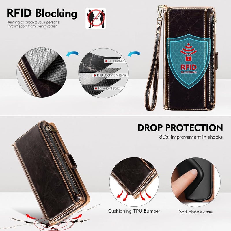 Antsturdy Compatible with iPhone 16 Pro Max Wallet Case,RFID Blocking PU Leather Phone Case Women Men Kickstand flip Cover Wrist Strap Zipper Credit Card Holder Slots for Apple 16 ProMax,Coffee - Image 5